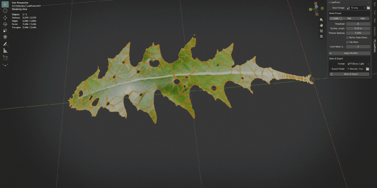 LeafForm procedural controls and applied editable mesh result