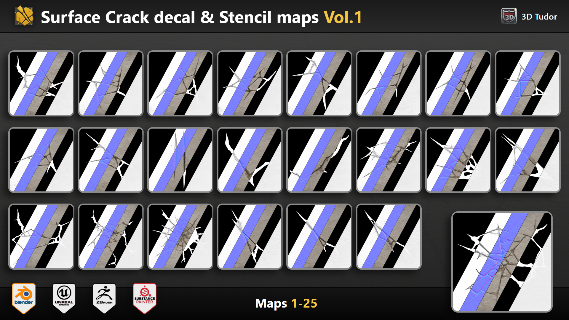 Surface crack decal and stencil map preview for PBR texture workflows