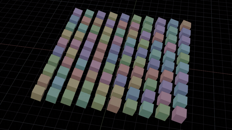 A grid of cubes parented to one empty, rippling through time
