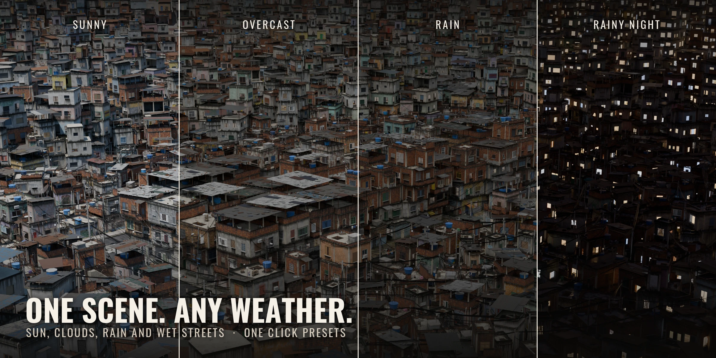 Sunny, overcast, rain and rainy night