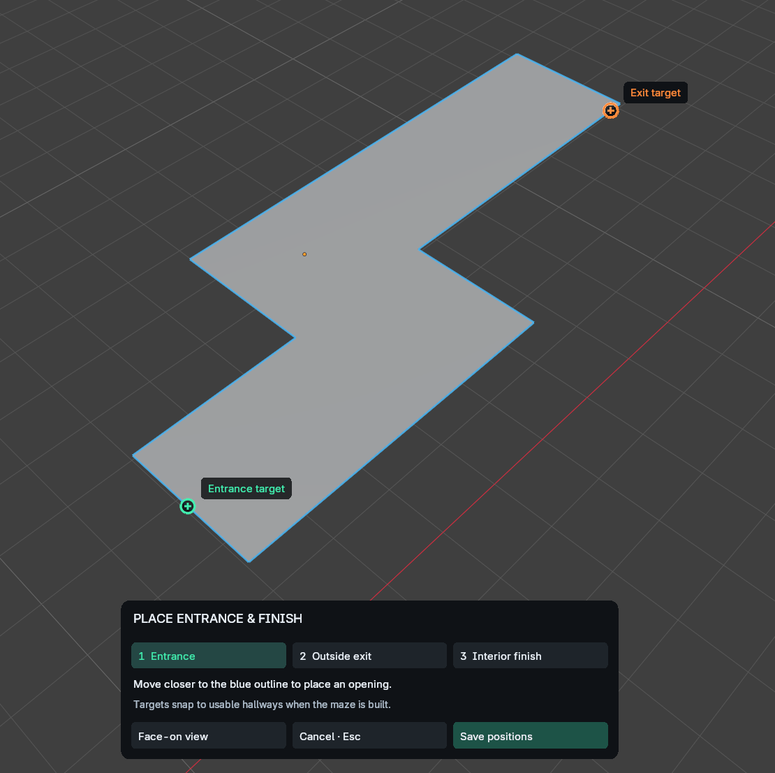 Viewport controls for placing the entrance and finish