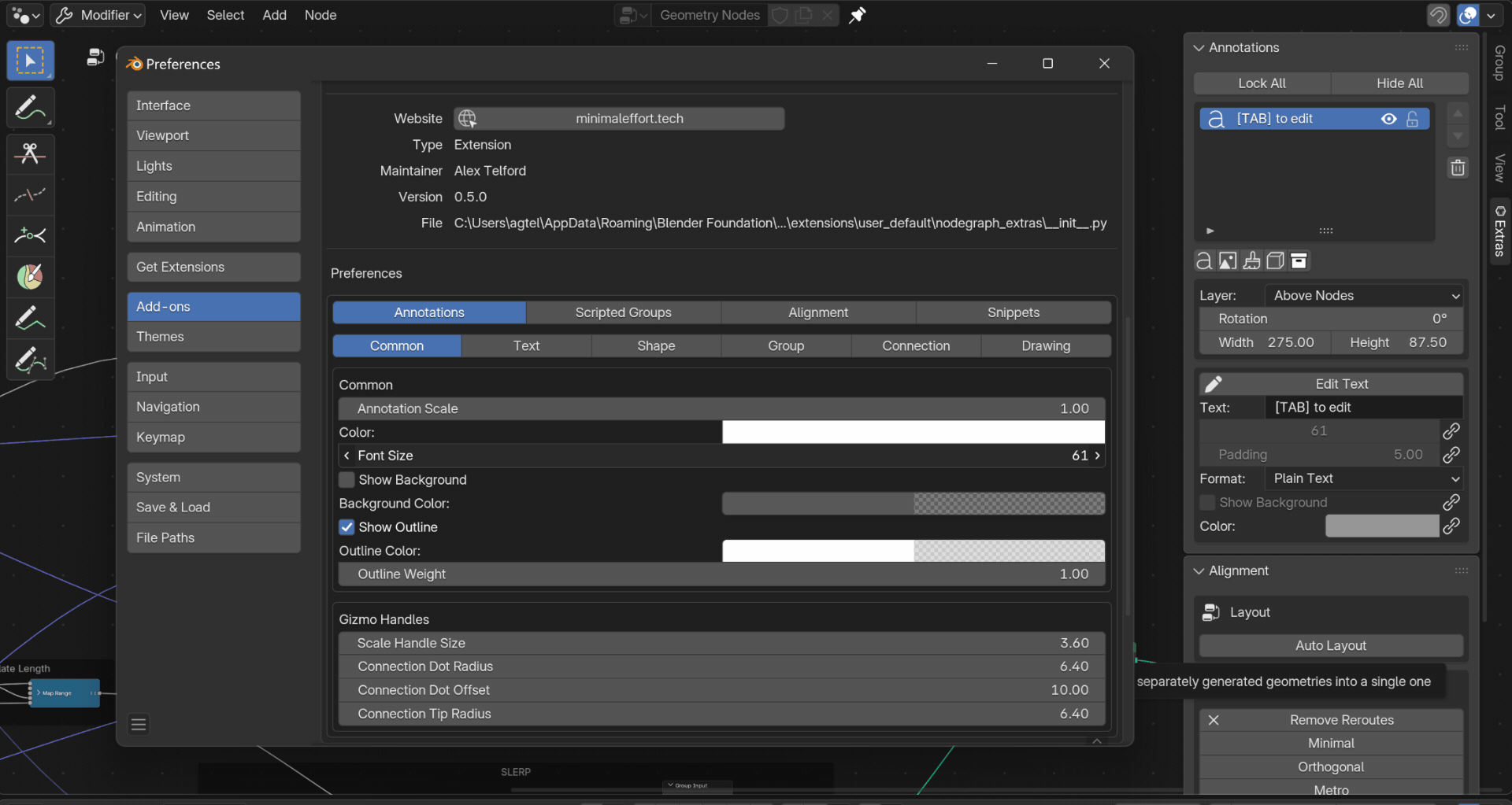 Preferences panel with settings for annotations, alignment, snippets, and scripted groups