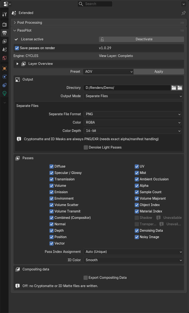 The Properties editor, Output tab, PassPilot panel