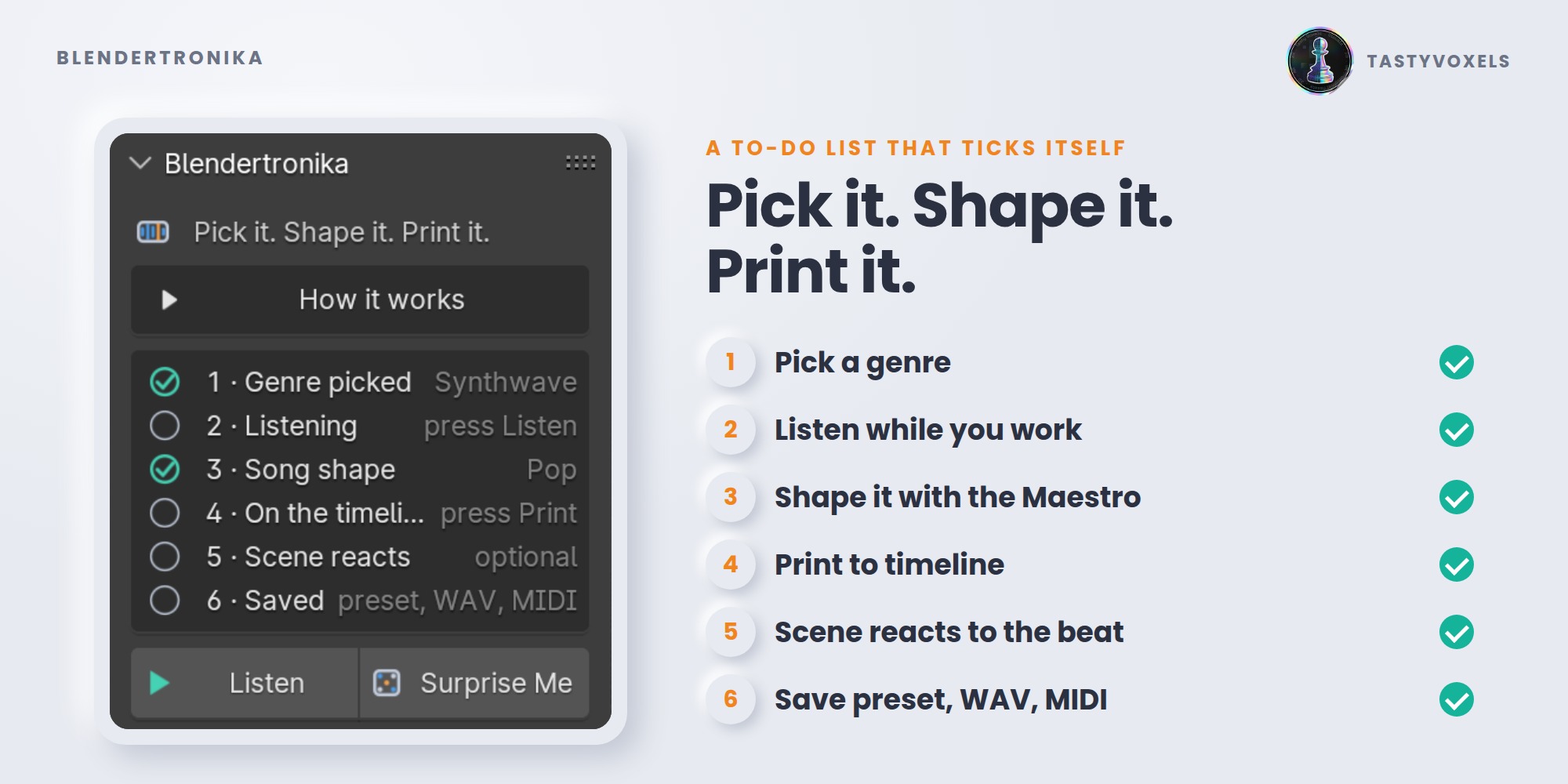 Blendertronika: the six numbered steps, from genre to timeline
