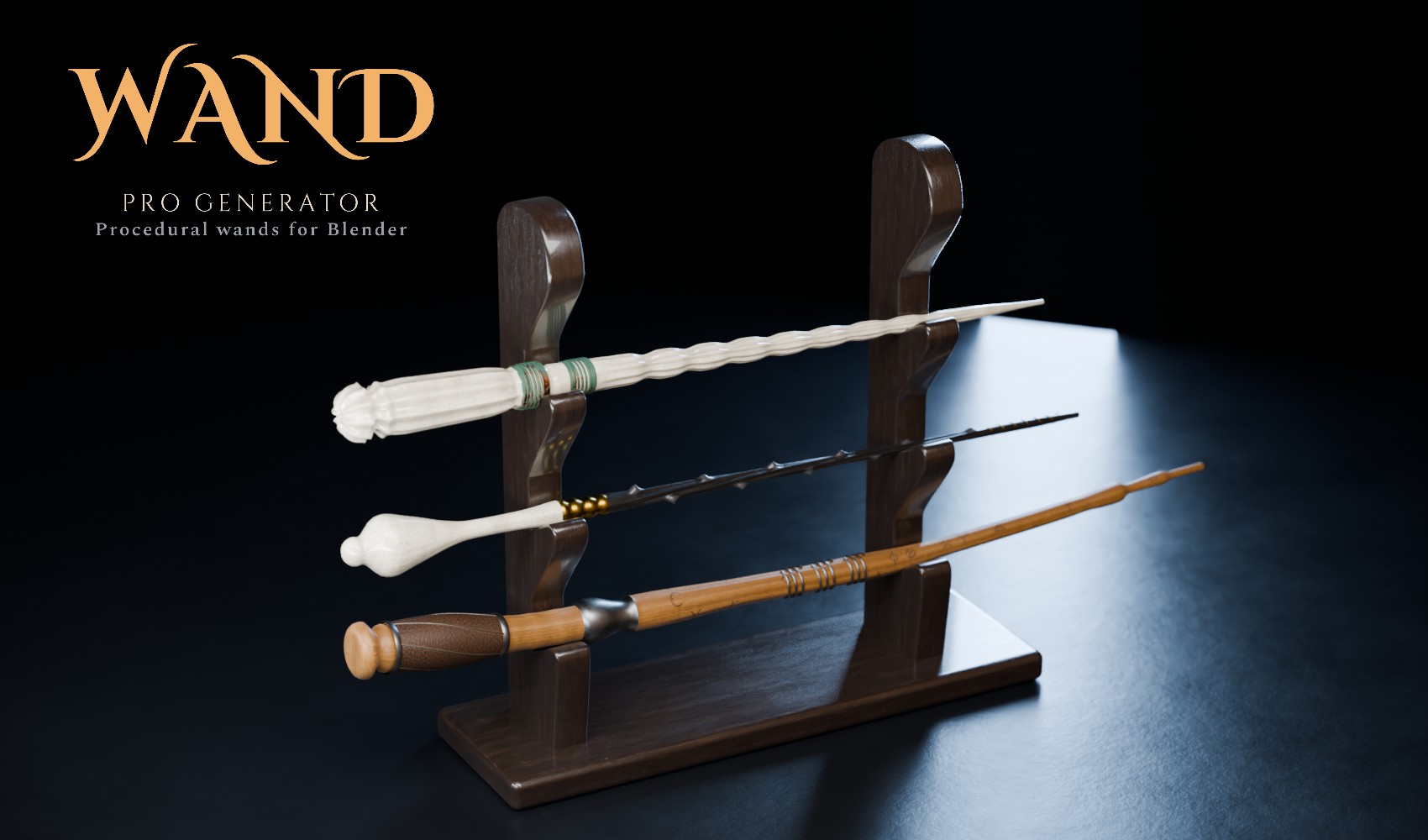 Three wands from Wand Pro Generator on a stone slab: Dark Arts, Master and Erudite