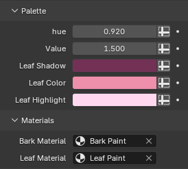 Palette & Materials settings in the Anime Tree Geometry Nodes modifier
