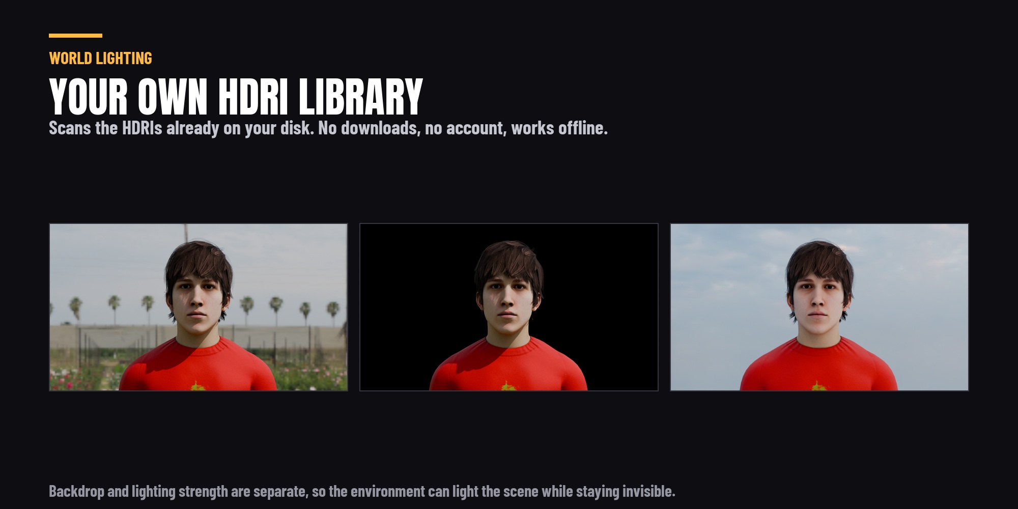 The HDRI library and world lighting controls