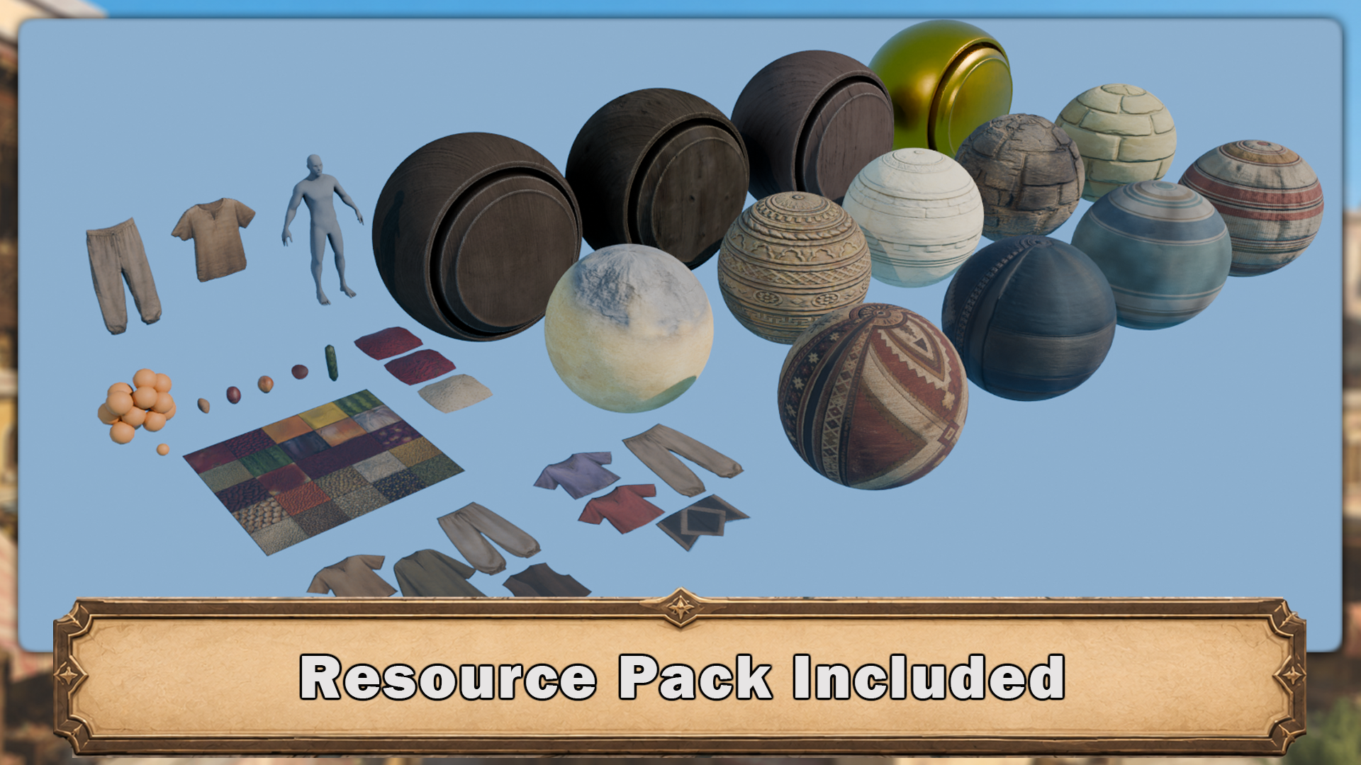 Resource pack included with stylized materials barrels clothing fabrics food and market assets for Blender Arabian market course