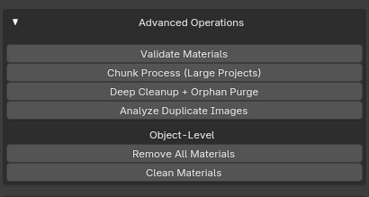 Actual Advanced Operations interface with Validate Materials, Chunk Process, Deep Cleanup and Analyze Duplicate Images.
