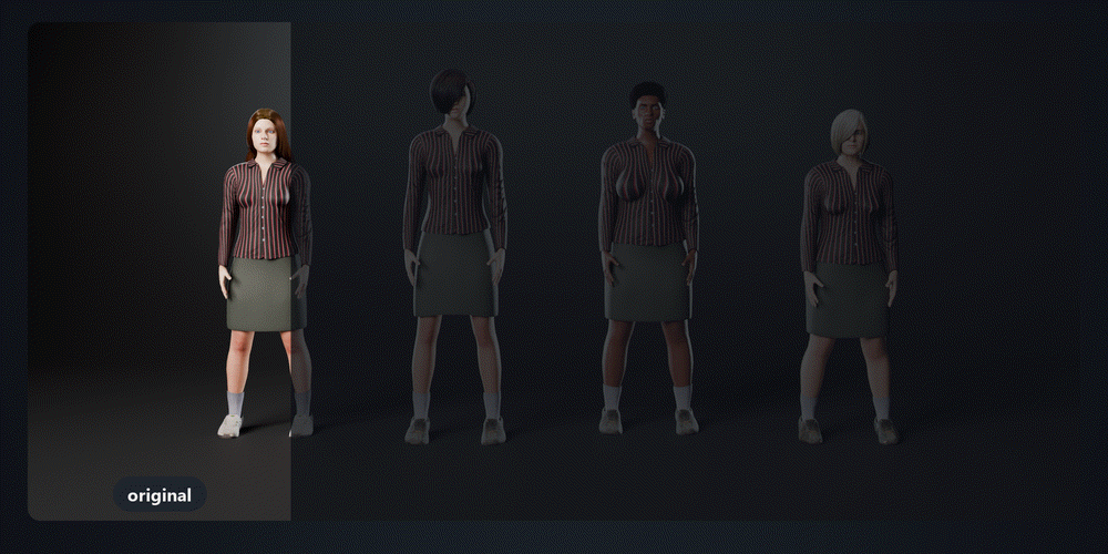 One outfit refitted onto three differently shaped bodies