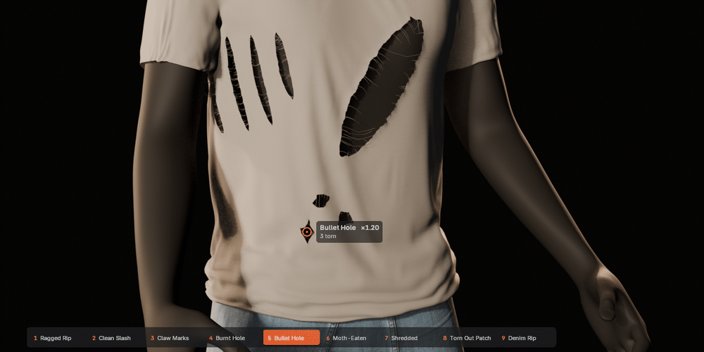 The Tear tool in Blender: a rip drawn across a T-shirt, then Claw Marks on key 3, then three bullet holes