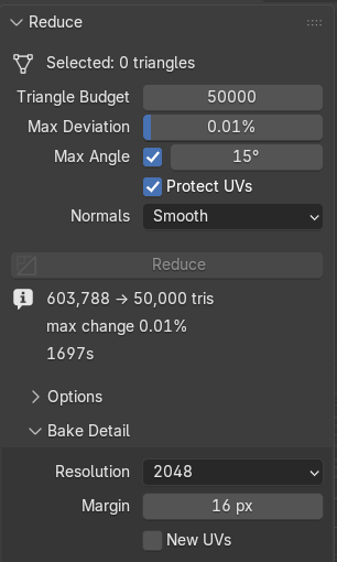 The TrueShape panel in Blender's sidebar: Triangle Budget, Max Deviation, Max Angle, Protect UVs, Normals, Reduce, and Bake Detail