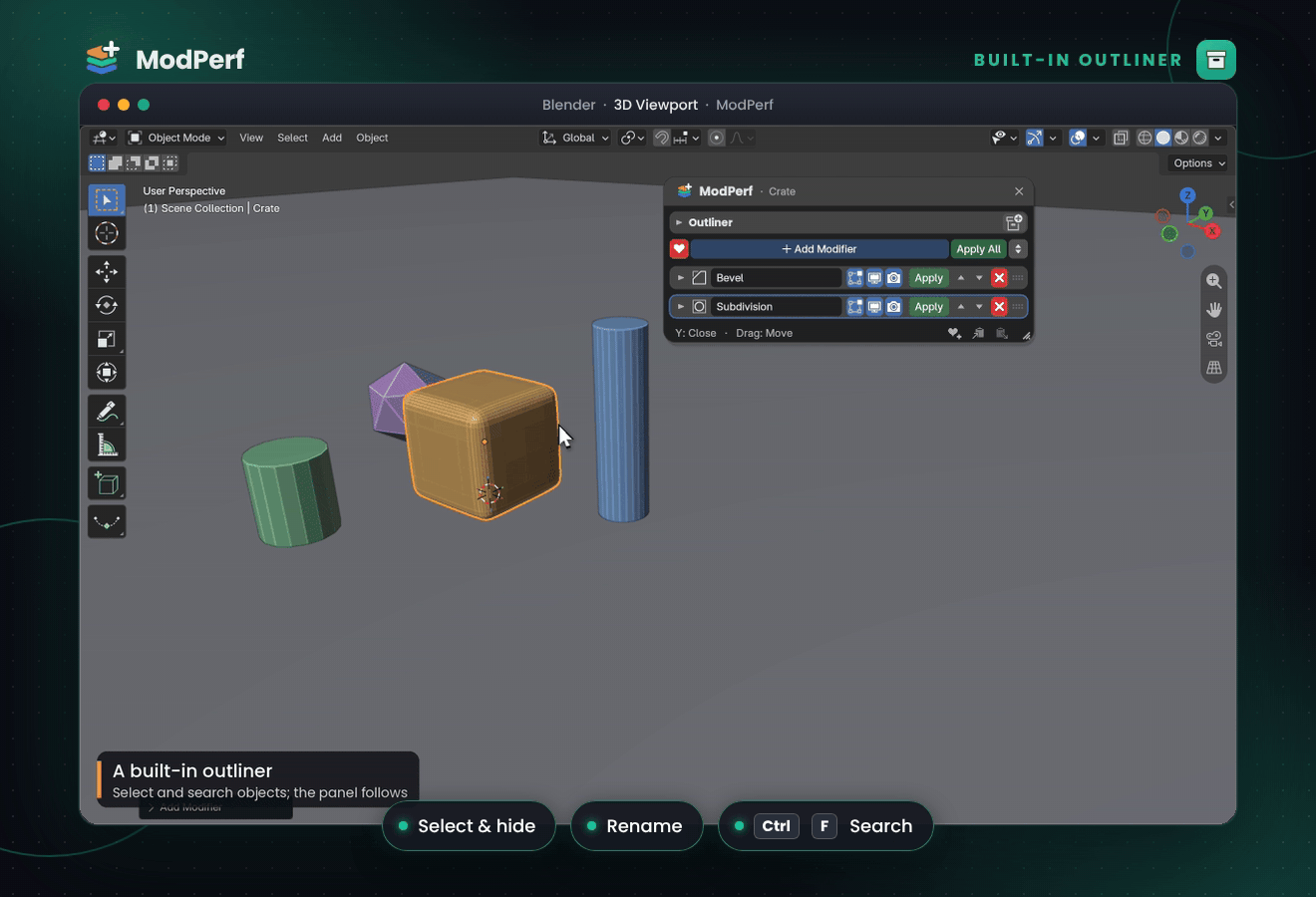 Selecting and searching objects in the built-in outliner