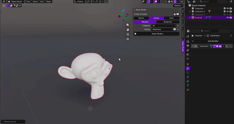 Stack Studio applying a modifier recipe and live-syncing the adjusted result across related Blender objects.