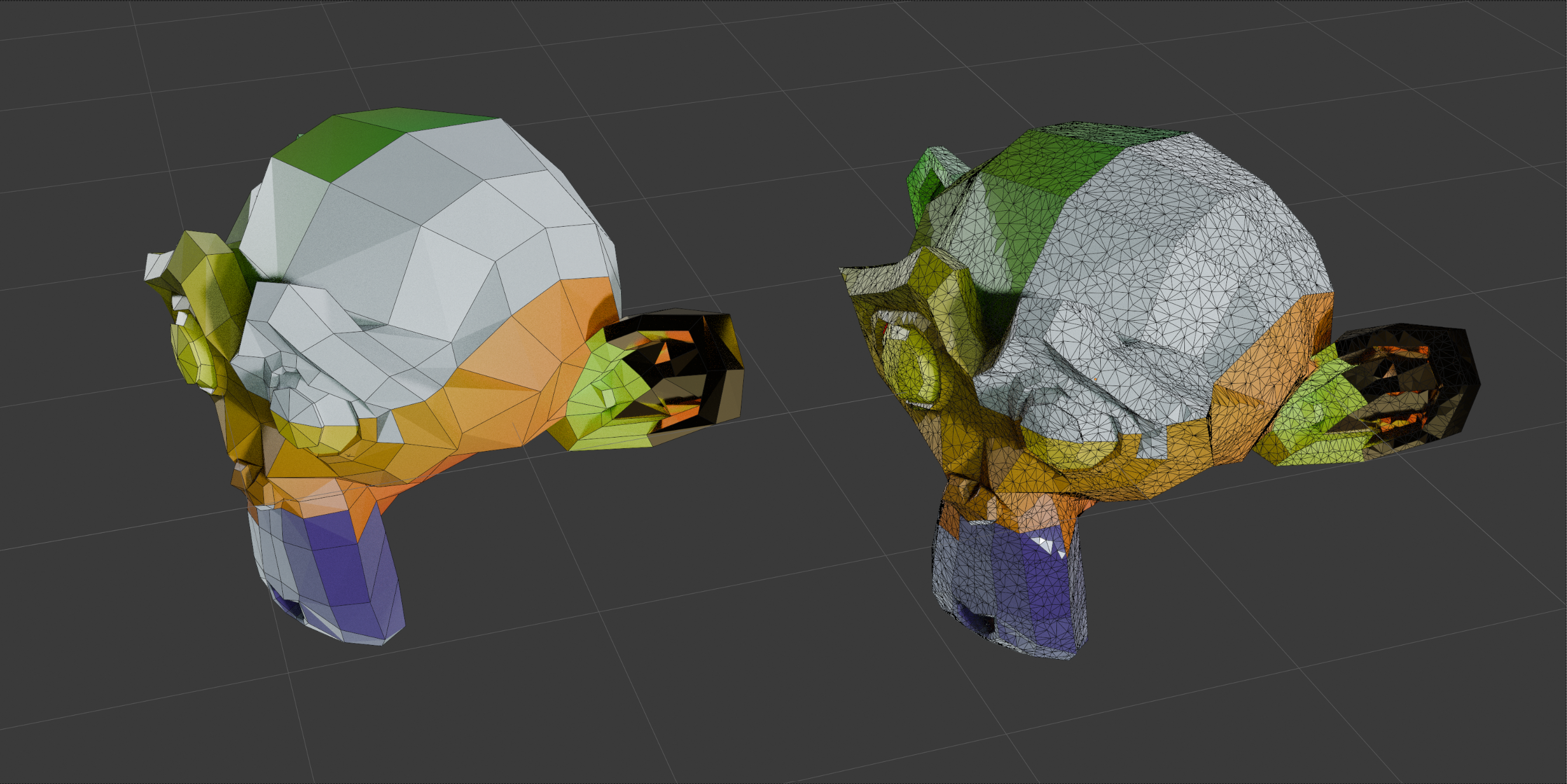Input Suzanne surface on the left and tessellated result on the right, showing matching surface colors and patterns