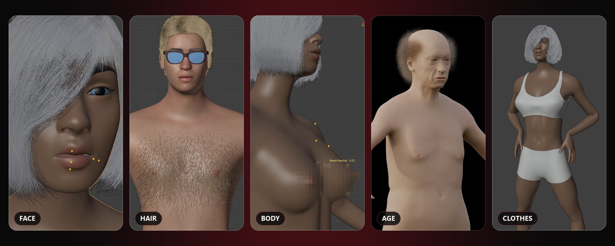 Easy Characters: characters made with the add-on: a face, body hair, a body, an old man and clothes