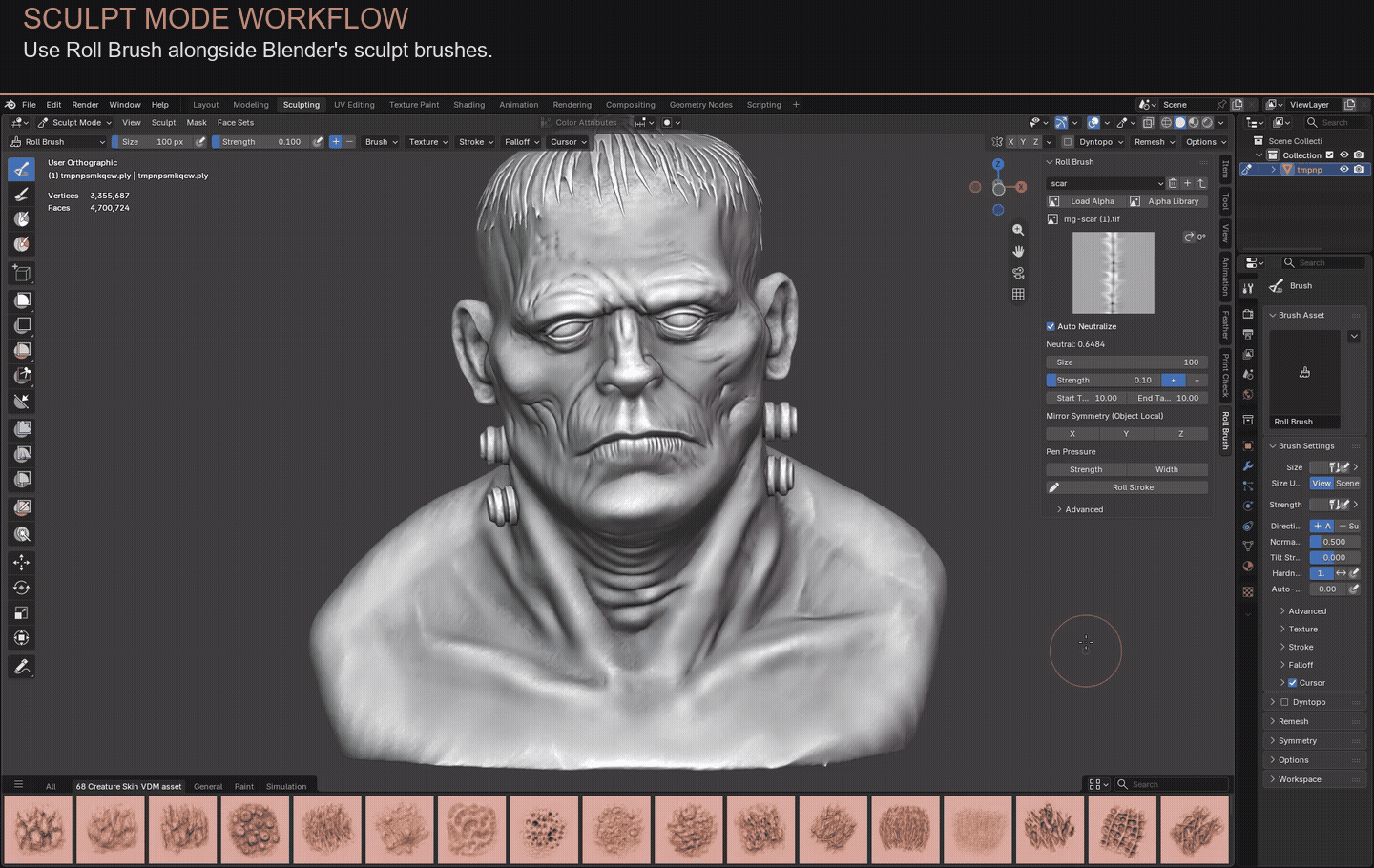 Use Roll Brush alongside Blender sculpt brushes in Sculpt Mode
