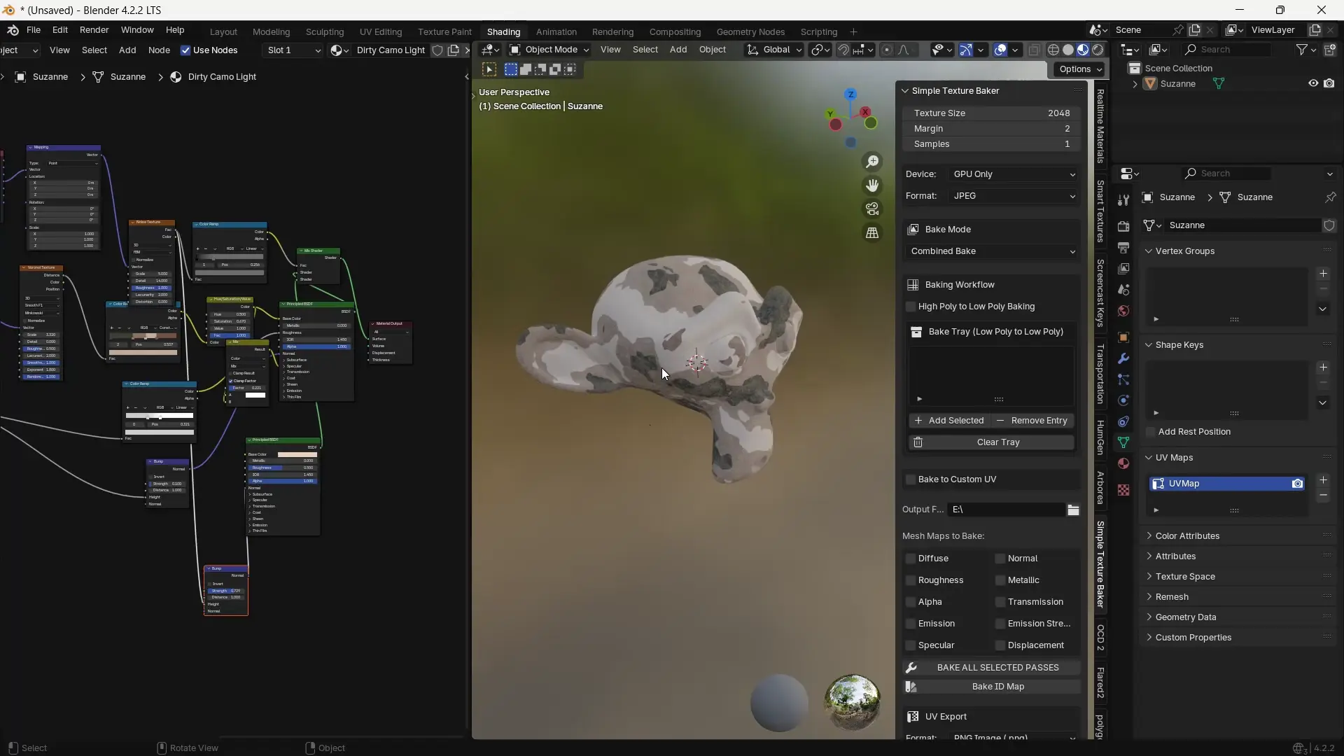 Baking a complex procedural camouflage material to textures with Simple Texture Baker
