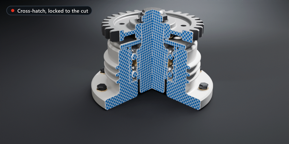 A Corner cut turning around the part, its blueprint cross-hatching staying locked to the cut faces