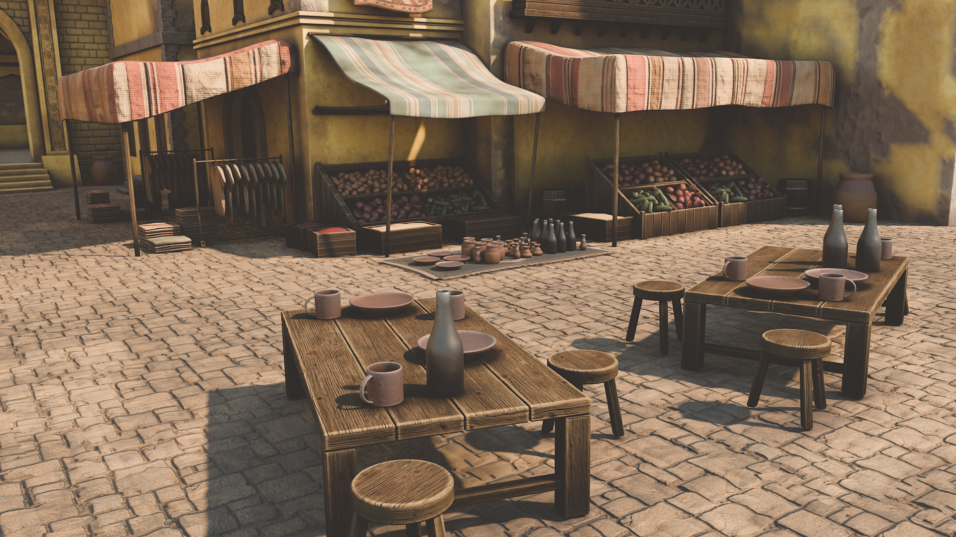Stylized Arabian market close up with food stalls pottery wooden tables stools cloth awnings and set dressing in Blender