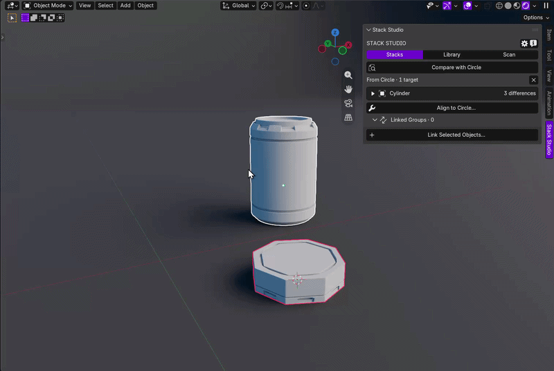 Stack Studio expanding object, modifier, and parameter differences after comparing selected Blender objects.