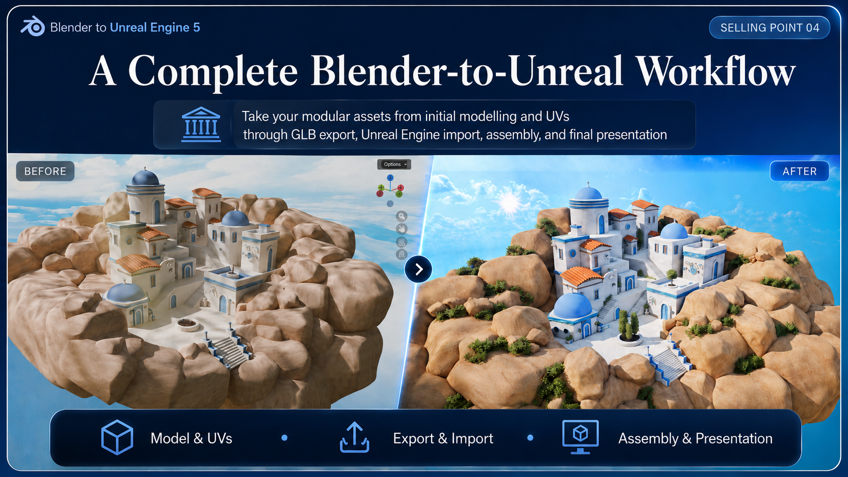 A complete Blender to Unreal Engine 5 workflow showing the Greek island scene before and after
