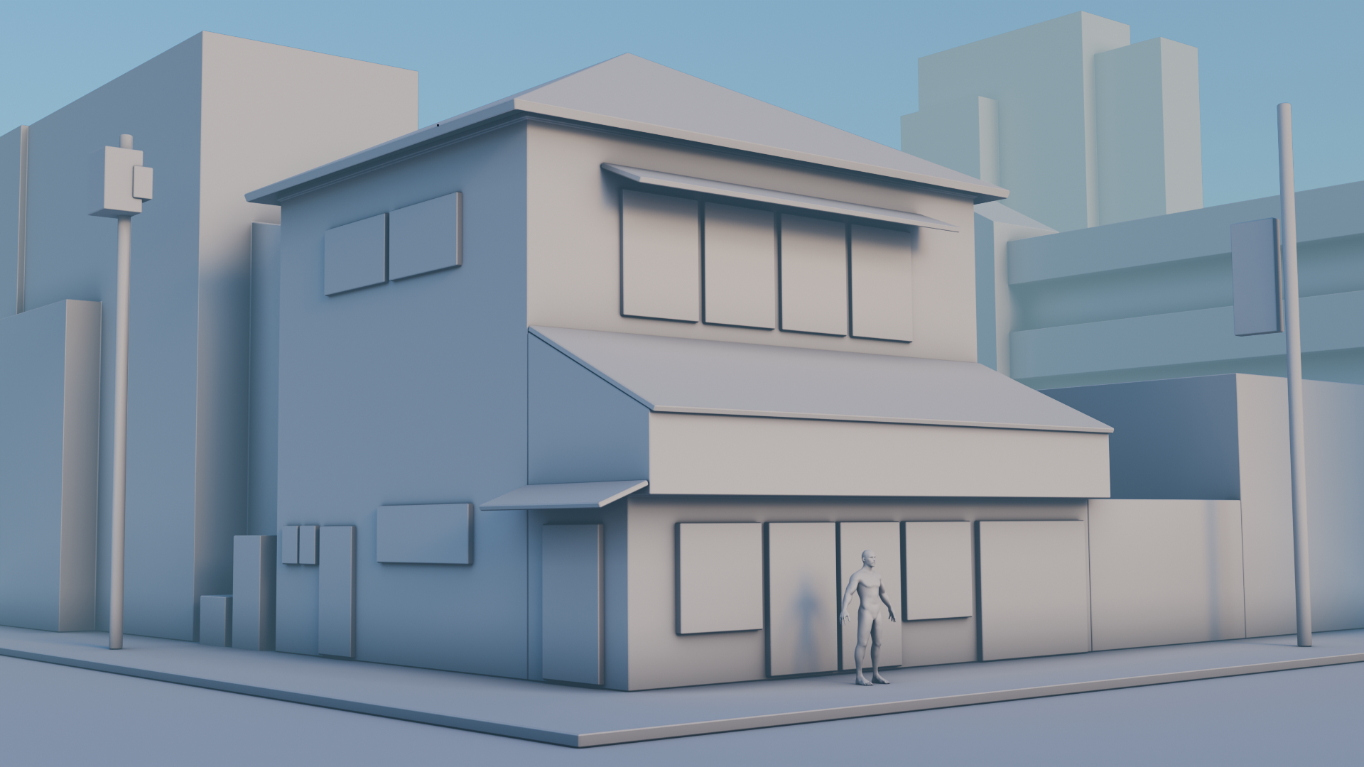 Japanese street building blockout in Blender
