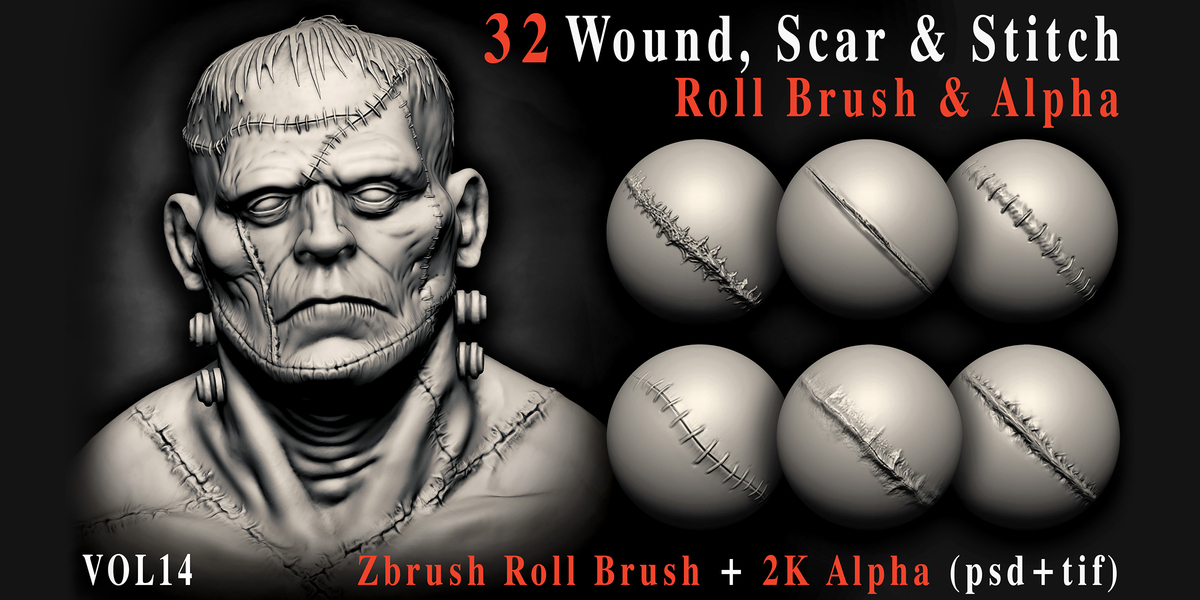 32 Wound, Scar & Stitch Roll Brushes + Alphas — Vol.14