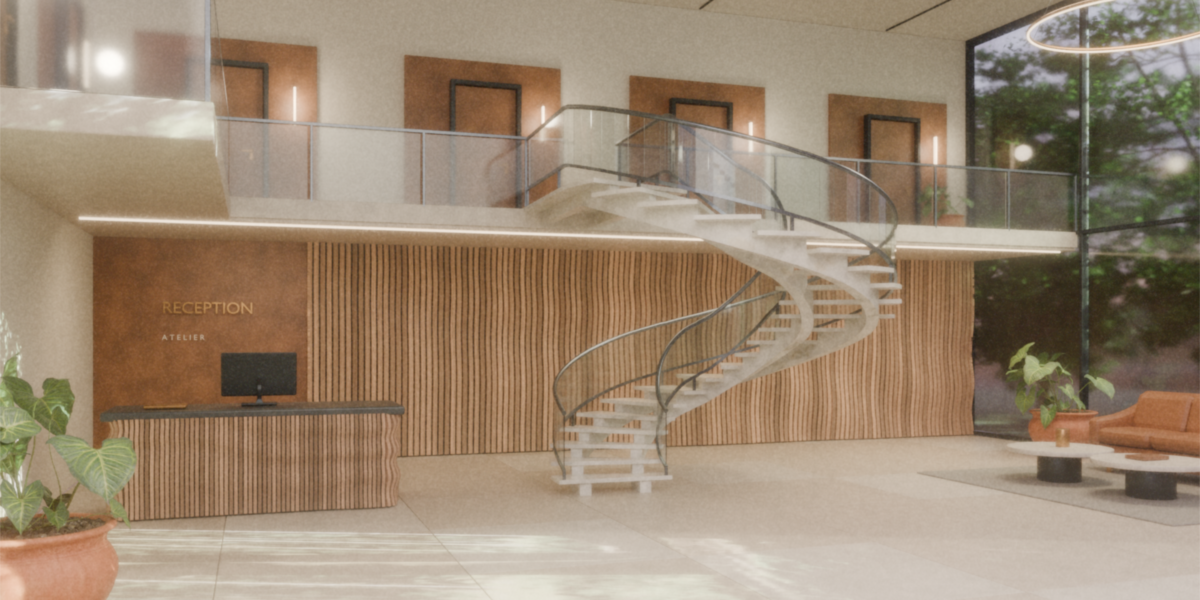 Curved staircase with glass railings in a bright reception area.