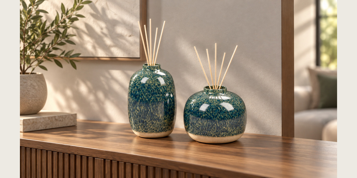 Tall and rounded glazed ceramic diffuser models in an interior