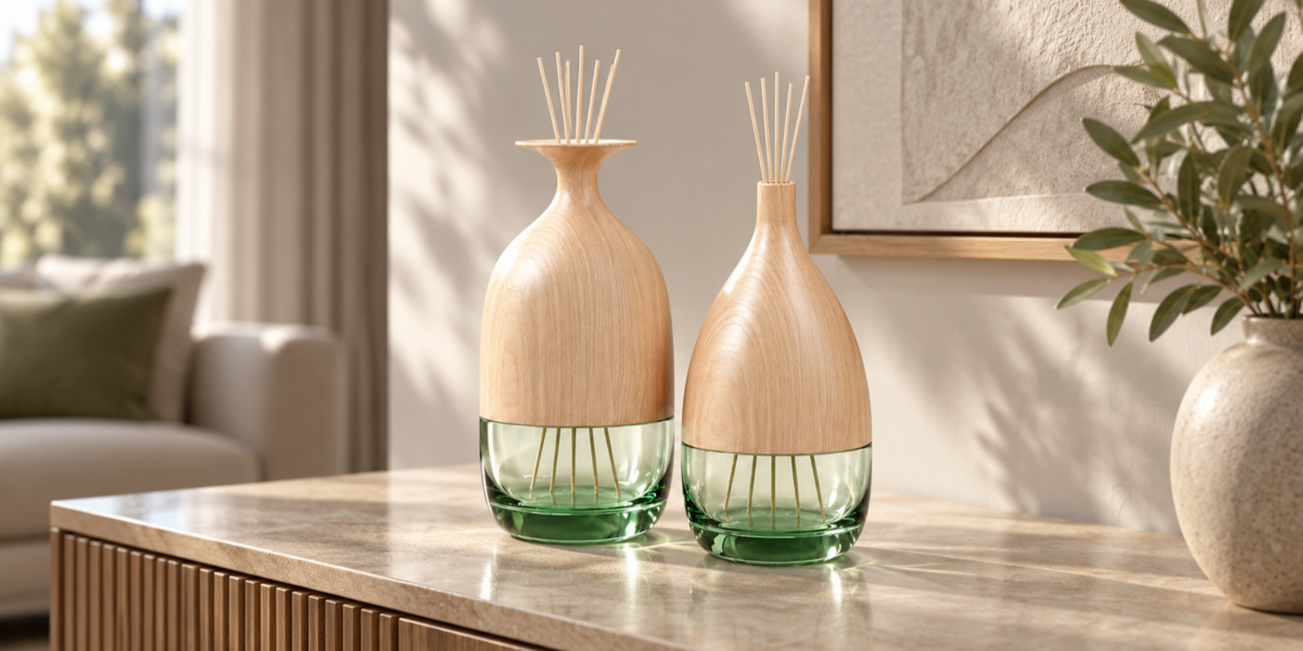 Wood and Green Glass Reed Diffuser Duo full collection view