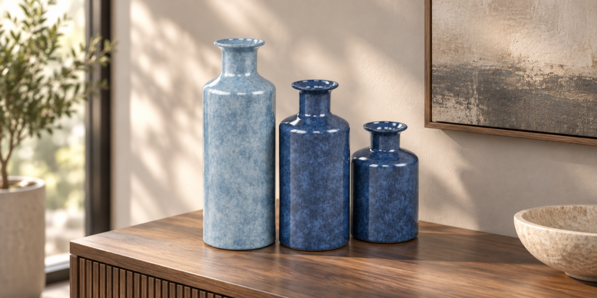 Blue Glazed Ceramic Vase Trio full collection view