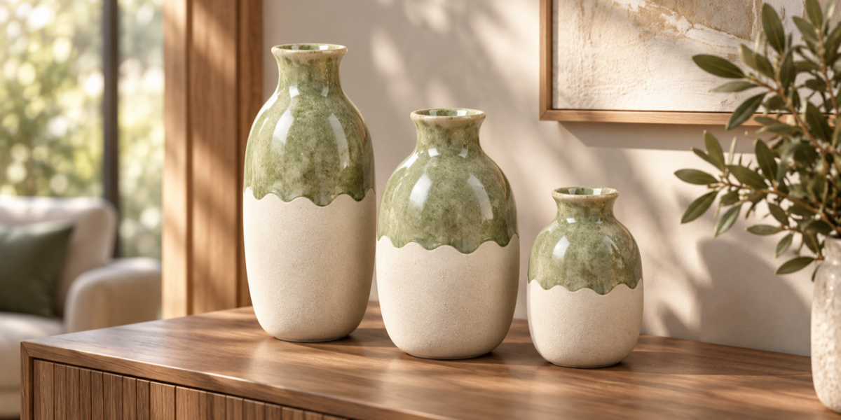 Green and Cream Ceramic Vase Trio full collection view