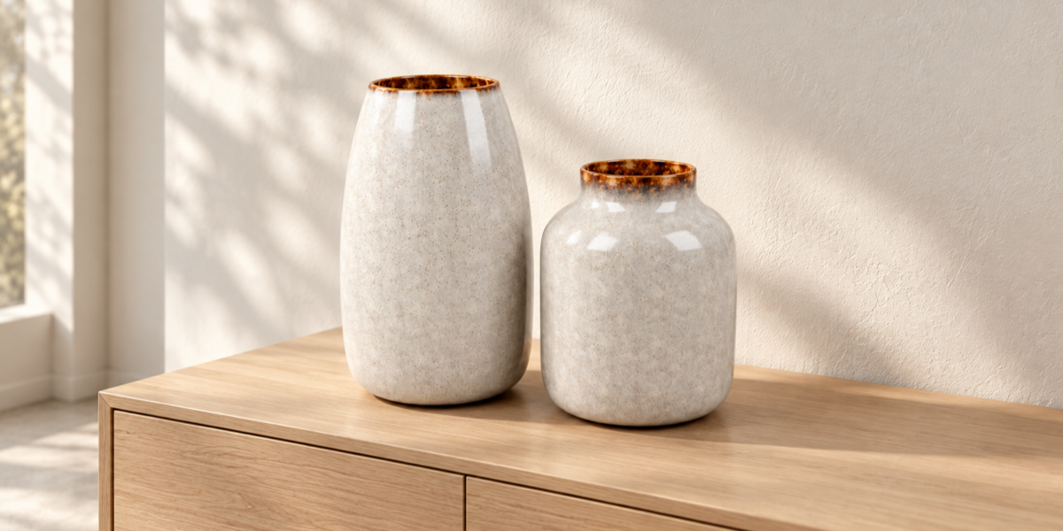 Cream Ceramic Vase Pair with Amber Glazed Rims full collection view