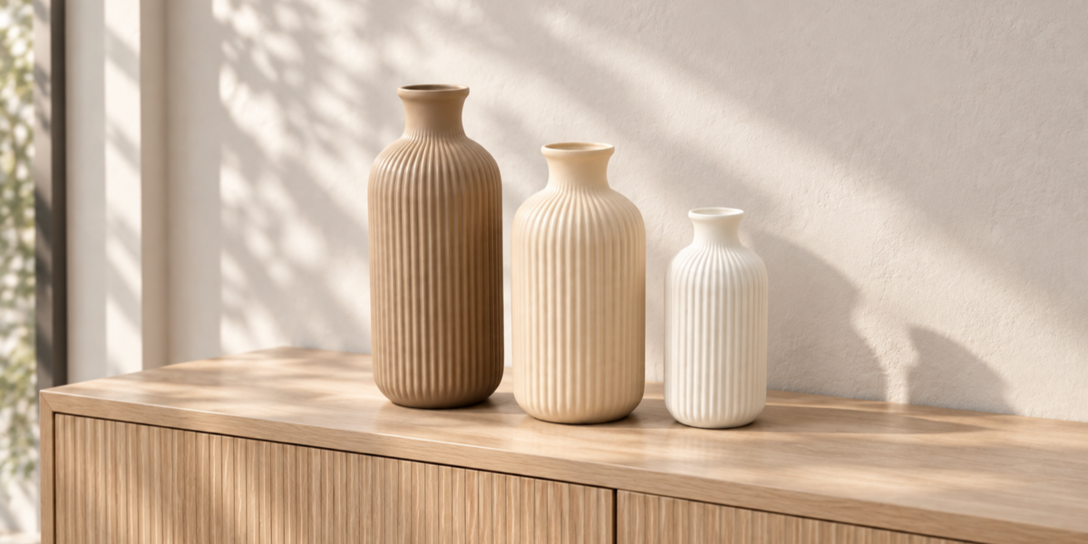 Ribbed Sand Ceramic Vase Trio full collection view