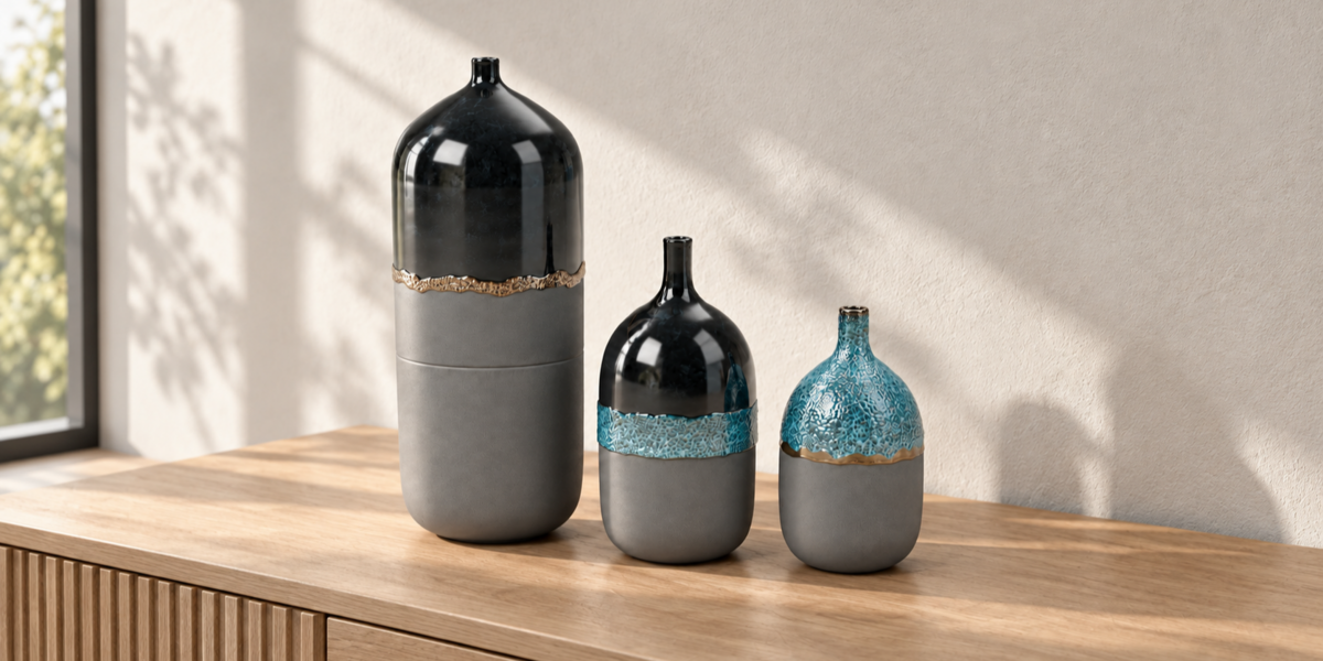 Black and Turquoise Ceramic Vessel Trio full collection view