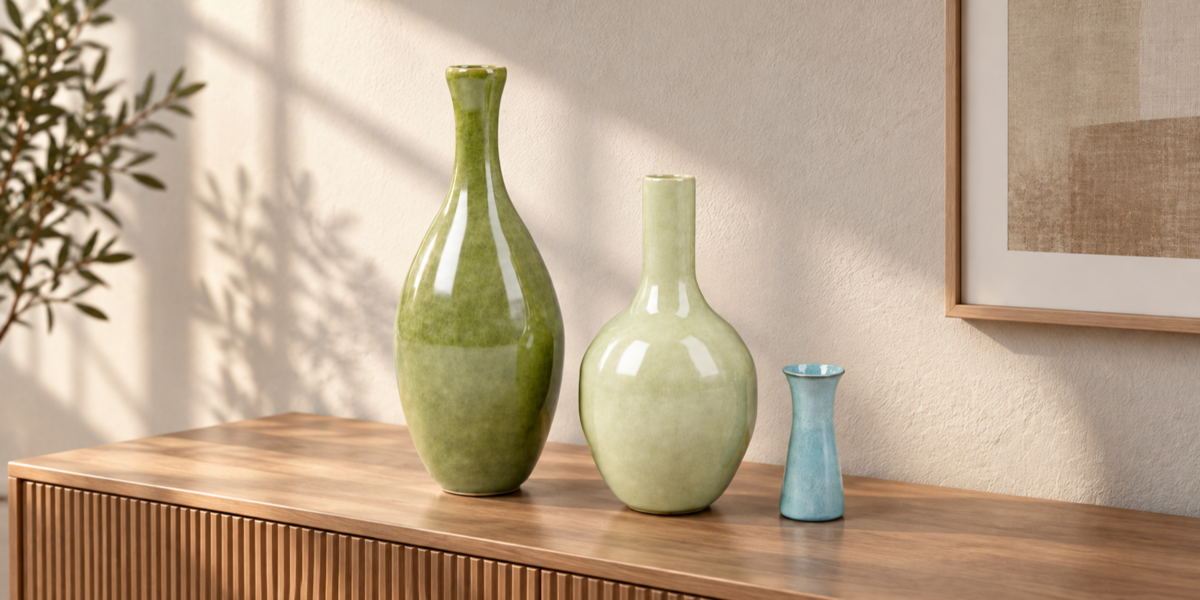 Green and Blue Glazed Bottle Vase Trio full collection view