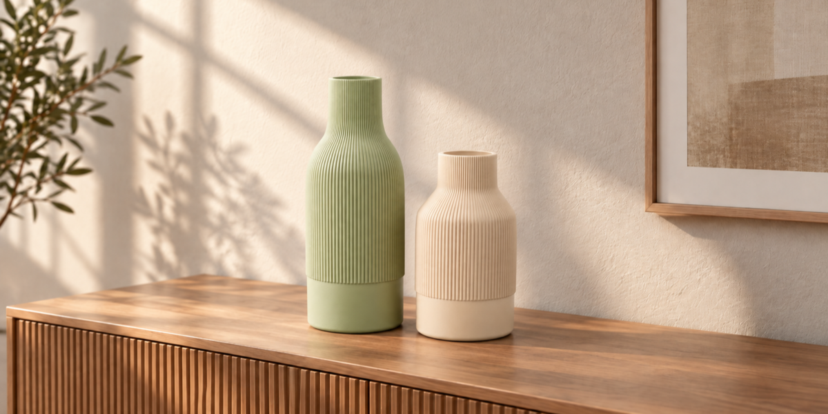 Sage and Cream Ribbed Vase Duo full collection view