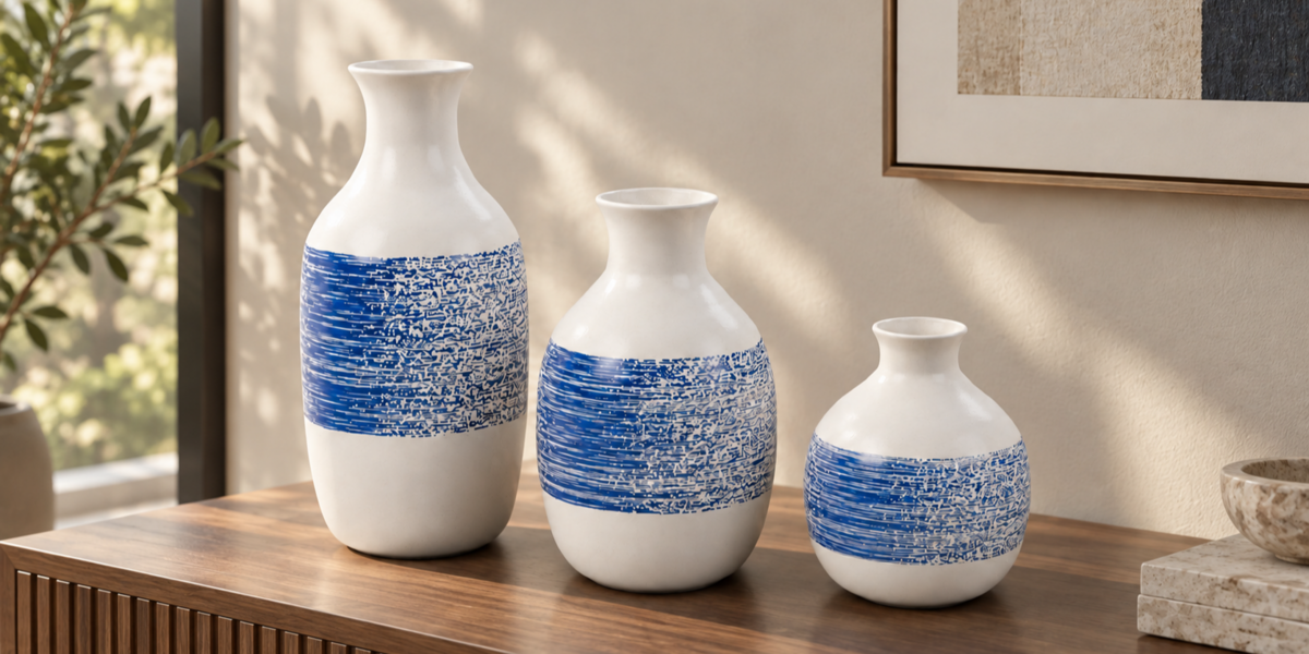 Blue Brushstroke Ceramic Vase Trio full collection view