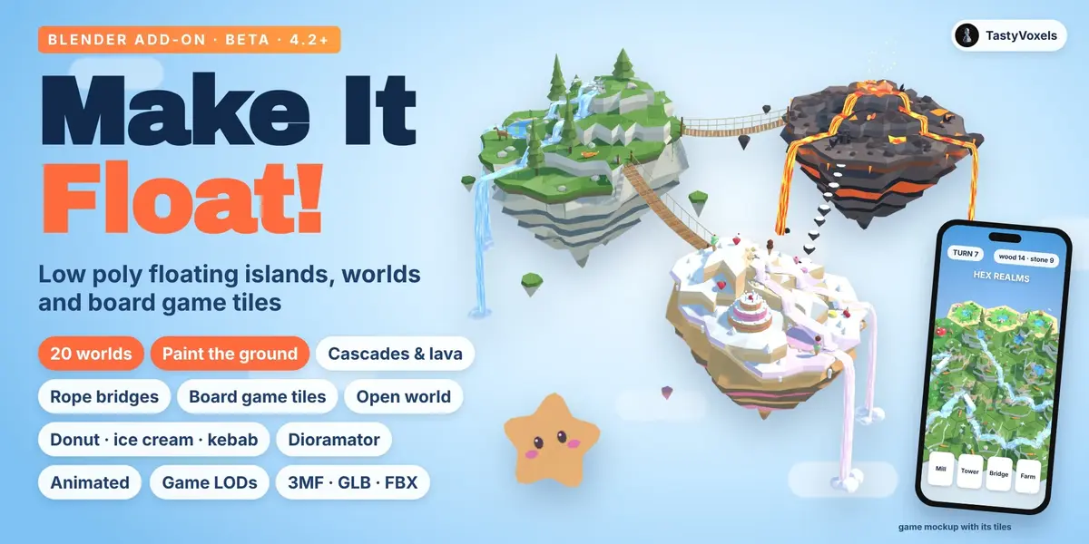 Floating low poly islands of waterfalls, lava and cream joined by a rope bridge and floating stones, and a hex tile on its own