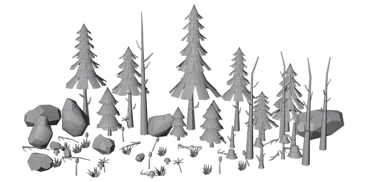 Low Poly Stylized Forest Environment Pack Pine Trees Rocks - Superhive ...