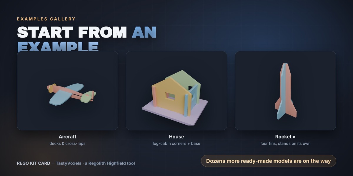 Three ready-made examples: Aircraft, House, Rocket