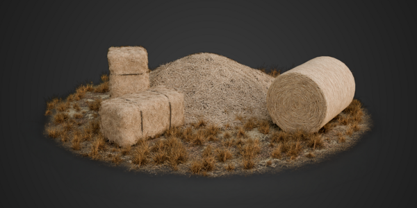 Rectangular hay bales, loose hay pile and rolled bale on scattered dry ground