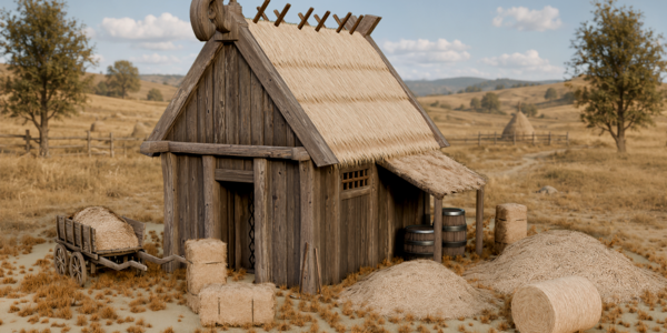 Finished rural hut environment using hay props, thatch and ground scatter