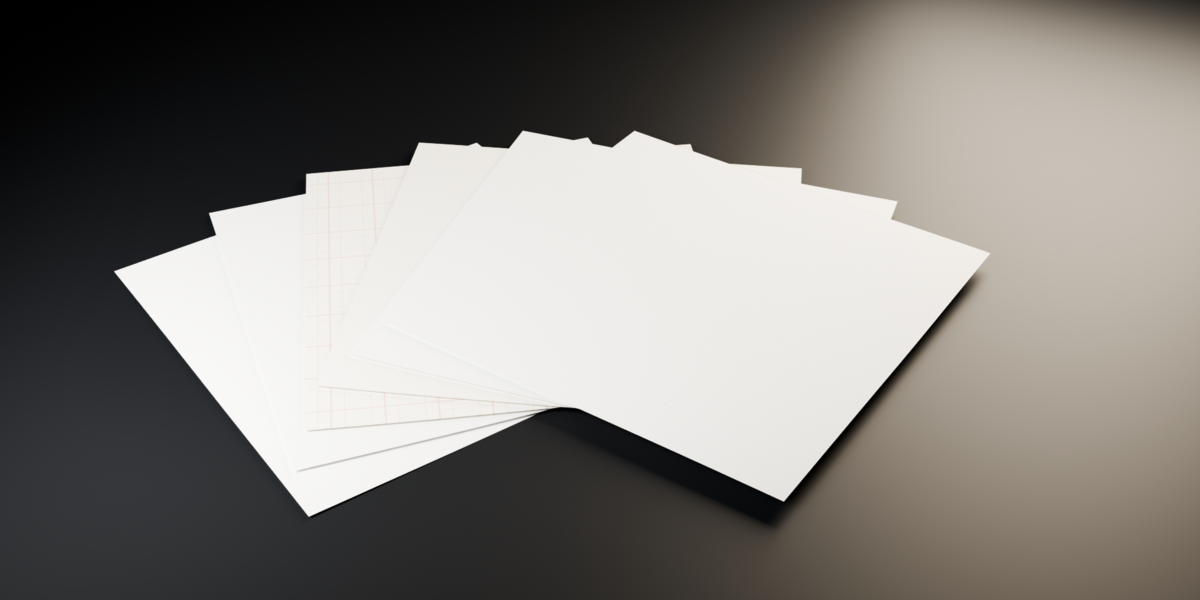Six machine-made sheets, one showing a printed grid rule
