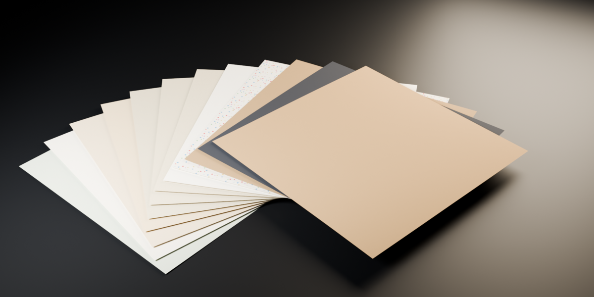 Twelve pastel, aged and kraft sheets in warm browns, greys and speckled confetti tones