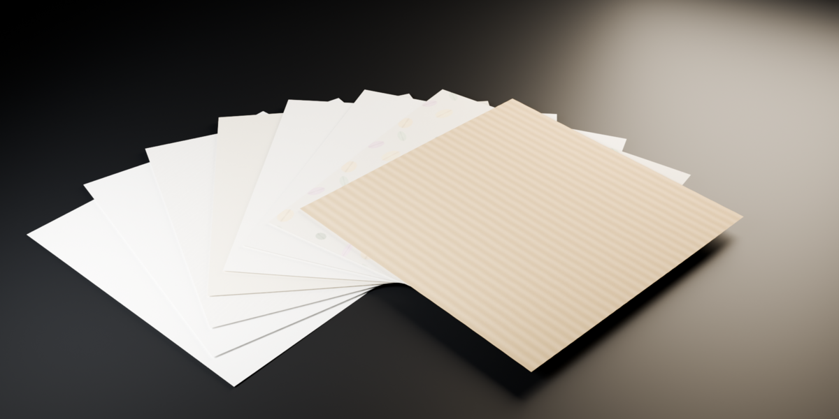 Eight handmade craft and washi sheets, including a striped papyrus and a petal-inclusion paper
