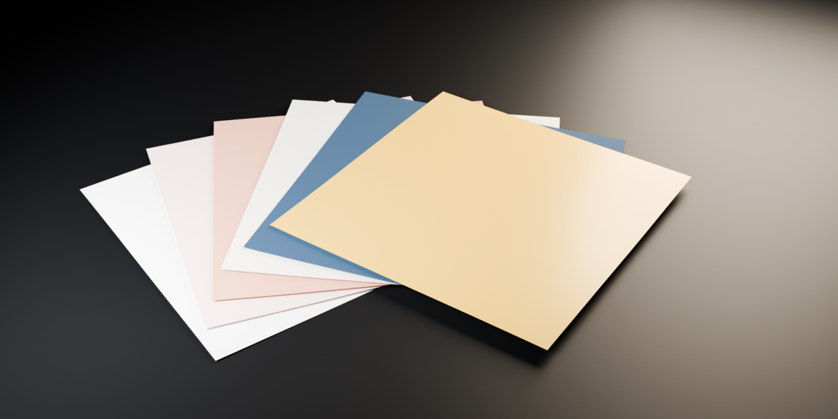 Six pearlescent and metallic decorative sheets in gold, rose and blue