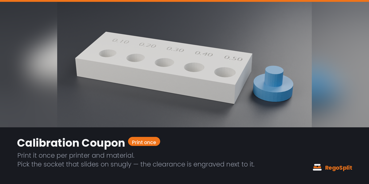 The Calibration Coupon: one bar, five sockets at rising clearance and one test pin, with the value engraved beside each hole.