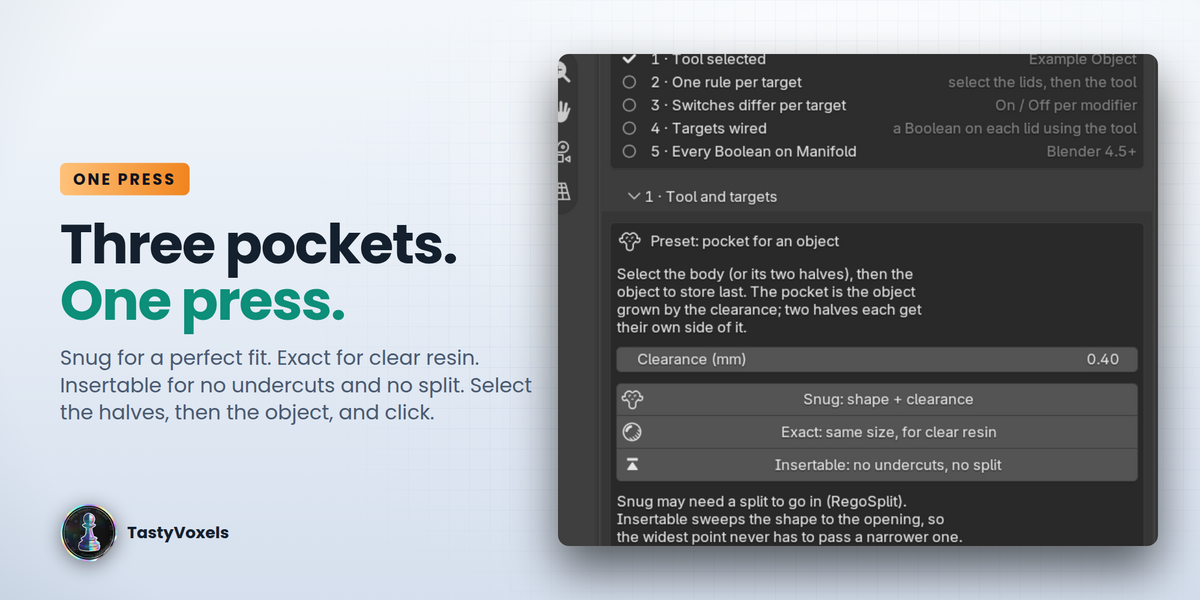 The If Bool sidebar in Blender with the Make Pocket buttons and the rule list